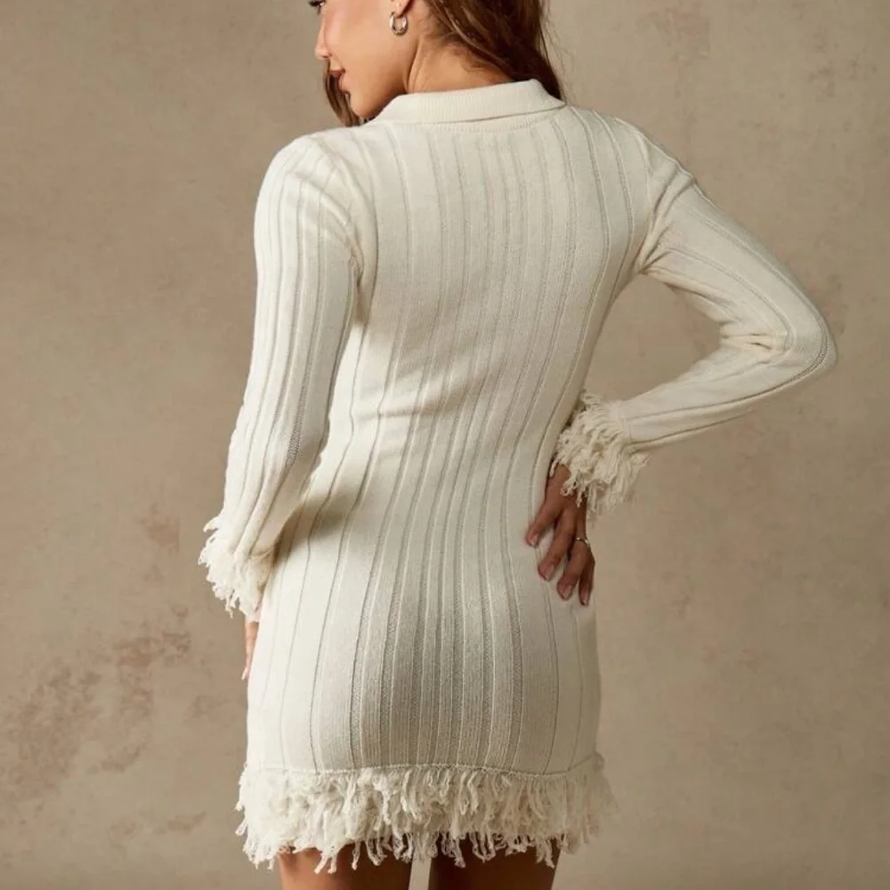 MISSGUIDED Ribbed Knit Mini Dress With Fringe Winter Long Sleeve Turtleneck - Picture 3 of 7